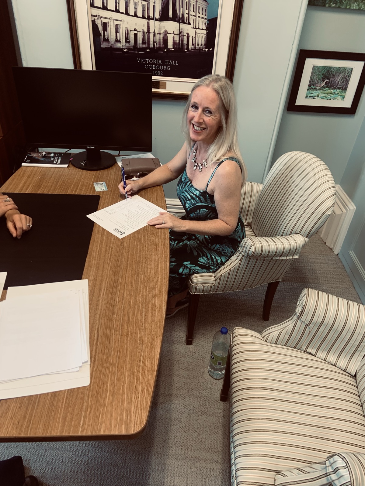 Lindsay Grimley signing her nomination papers at Victoria Hall, Cobourg